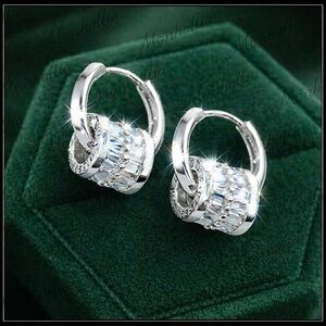 NEW SILVER SIMULATED BAGUETTE DIAMOND "BELOVED" LUCKY WHEEL HOOP EARRINGS